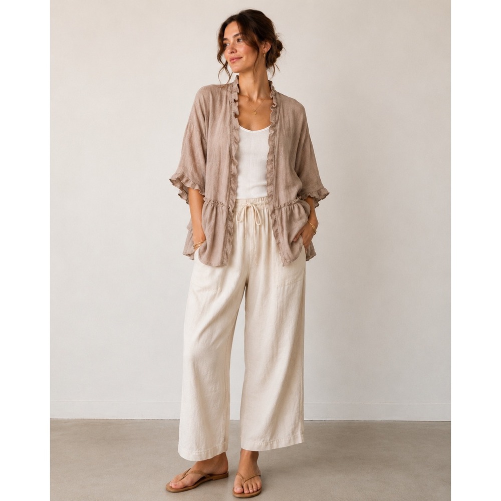 Easel Taupe Tencel Ruffle Tiered Kimono Cardigan ET3297 Mens Size Medium - Picture 2 of 11